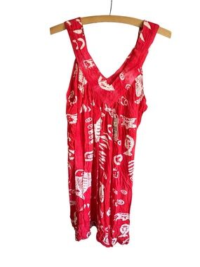 India Boutique Red White Rayon Boho Beach Cover Up Dress Free Size NWT